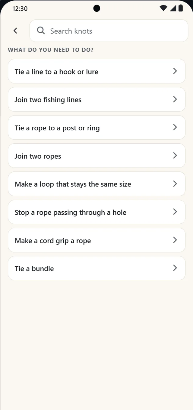 The list of jobs in Knots Kit and the suggested knots for tying a line to a hook.