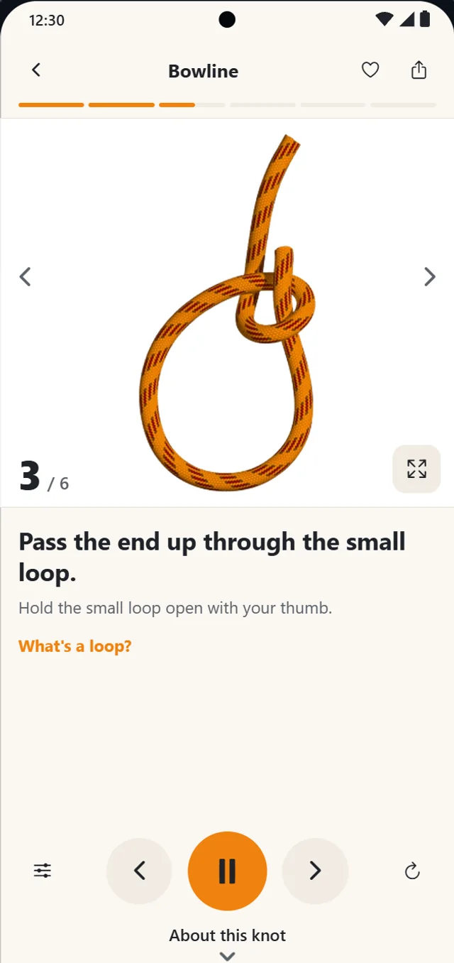 The Bowline in Knots Kit at step 3 of 6, with its instruction and the player controls.