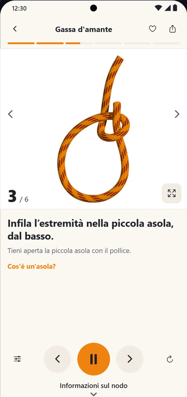 La gassa d’amante in Kit nodi al passaggio 3 di 6, con l’istruzione e i comandi dell’animazione.